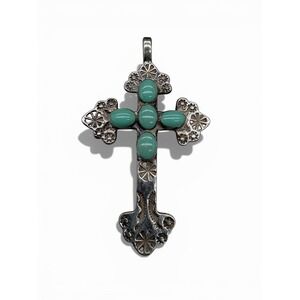 Taxco Mexico HOB 925 Sterling Silver Turquoise Cross Pendant 1960s Vintage